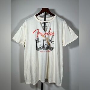 NWOT Fender Deep V Cut Out Graphic Tee, Womens Large, Rock Music Grunge Band Tee